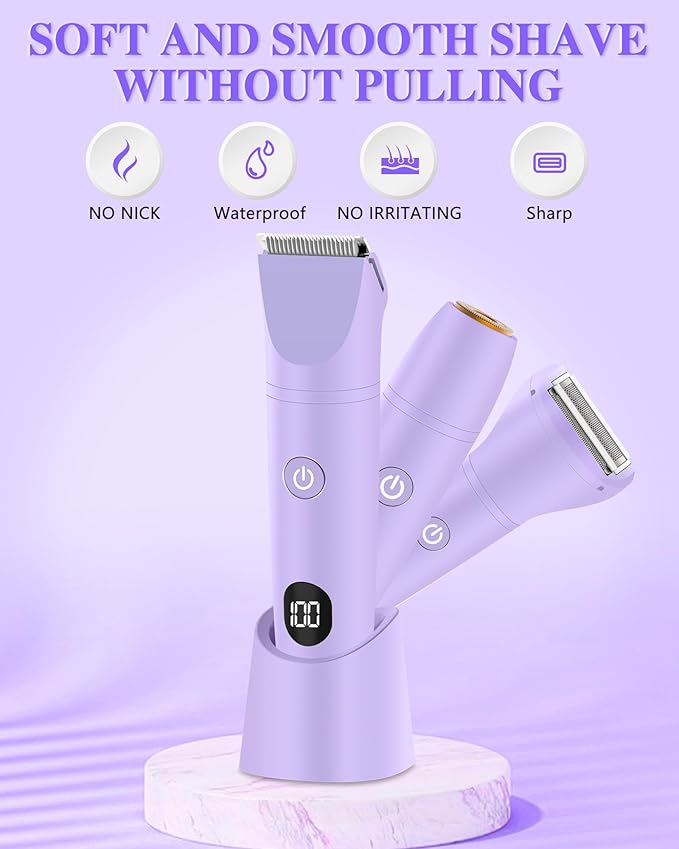 Bikini Trimmer for Women Electric Razor for Pubic Hair 3-in-1 Bikini Shaver for Legs Body Hair Womens Electric Razor IPX6 Waterproof Gifts for WomenPurple
