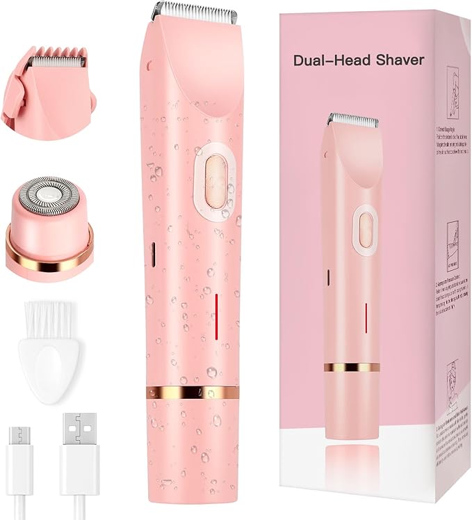 Women's Bikini Trimmer 2-in-1 Electric Shaver for Bikini Line Legs Underarms Face - Waterproof Women's Electric Shaver for Sensitive Skin USB Rechargeable (Pink)
