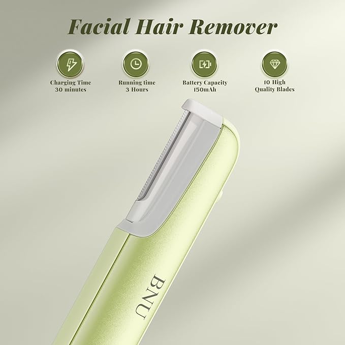 BNU Dermaplane Razor for Women Face Razor for Women with 10 Replaceable Blades - Face Exfoliation Razor - Body Peach Fuzz Removal - Eyebrow Shaper - Sonic Edge Technology Dermaplaning Tool - Green