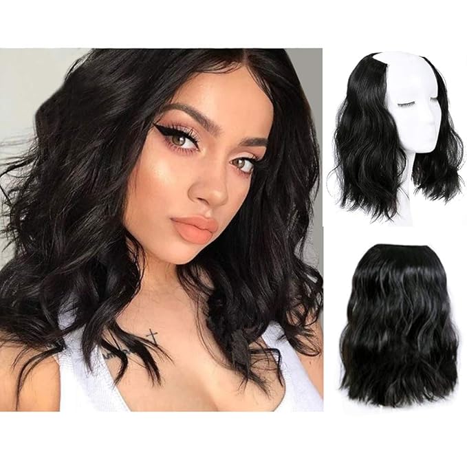 12 Natural Black Wavy U-Shape Part Half Wig One Piece Clip in Hair Extensions Clip in Hairpiece for Women Natural Looking