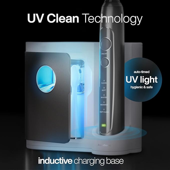 Aquasonic Vibe Series PRO ? Ultra-Whitening Electric Toothbrush ? 5 Modes &amp Smart Timers ? UV Sanitizing Base ? ADA Accepted (Charcoal Metallic)