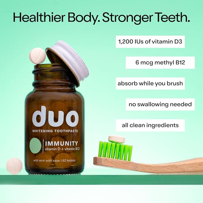 Duo Immunity Toothpaste Tablets ? Vitamin D3 + B12 with Nano-Hydroxyapatite | Oral Health Supplement | Wild Mint &amp Sage Flavor | 186 Tablets 1 Bottle
