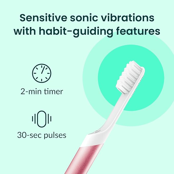 Quip Sonic Toothbrush for Adults with Timer - Includes Extra Brush Head and Travel Cover Mount - Electric Soft Bristle Refill Head Metal Handle 3 Month Battery Life - Travel Toothbrush - Pink