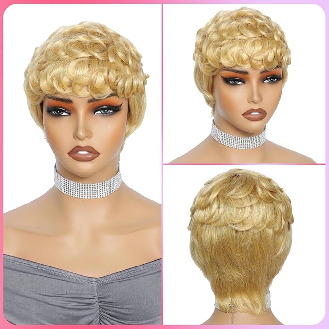 Breathable And Lightweight Wine Red/99J Human Hair Wig Short Curly Pixie Short Hairstyle With Layered Curls And Glue-Free Design For A Natural Look (4 InchBlonde)
