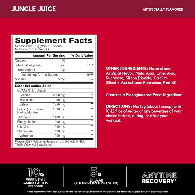 BSN Amino X EAAs Muscle Recovery and Endurance 10g Essential Amino Acids 5g BCAAs Zero Sugar Caffeine Free Jungle Juice 13.2oz 25 Servings