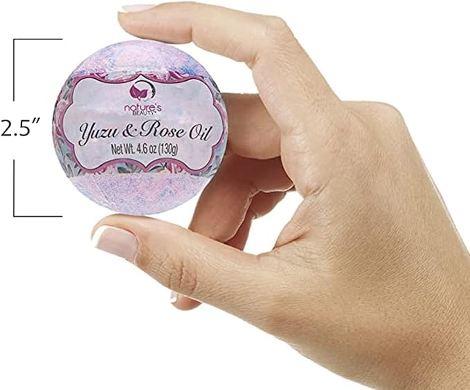 Nature's Beauty Yuzu &amp Rose Oil Bath Bomb Multi-Pack - Natural Hand Crafted Non-Staining Luxury Fizzy Spa Bomb Nourish Dull + Dry Skin Made w/Coconut Oil + Witch Hazel 4.6 oz (4 Pack)