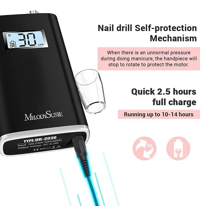 MelodySusie Entry-Level Clip-On Cordless Nail Drill SC320H 30000RPM Popular Classic E-File with LCD Display for Manicure Shaping &amp Gel Removal Perfect for Training Nail Art Practice &amp Home
