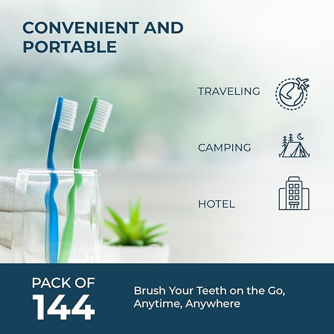 The Essentials Dreams 144 Pack Disposable Toothbrushes with Mint Toothpaste Individually Wrapped - Prepasted Single Use Toothbrush with Soft Bristles for Camping Hotels Travel Airbnb