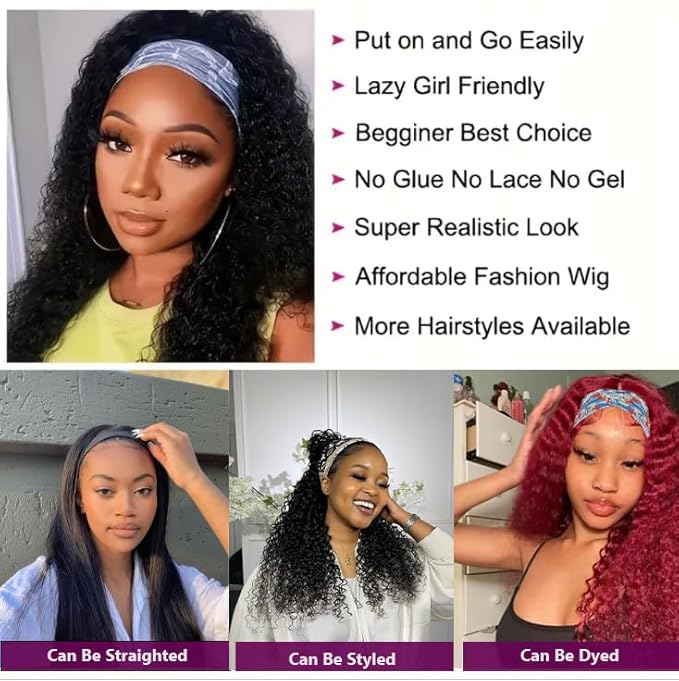 Headband Wig Human Hair Deep Wave 12 Inch Curly Headband Half Wigs for Black Women 12A Brazilian Human Hair Wigs Glueless None Lace Front Wig Natural Color