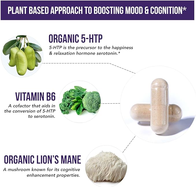 Organic 5-HTP - 200 mg | 99% 5HTP Concentration Plus Cofactor Vitamin B6 &amp Lion?™s Mane | Water Extracted from Organic Griffonia Seeds | Supports Mood Cognition &amp Sleep (60 Capsules | 30 Serv