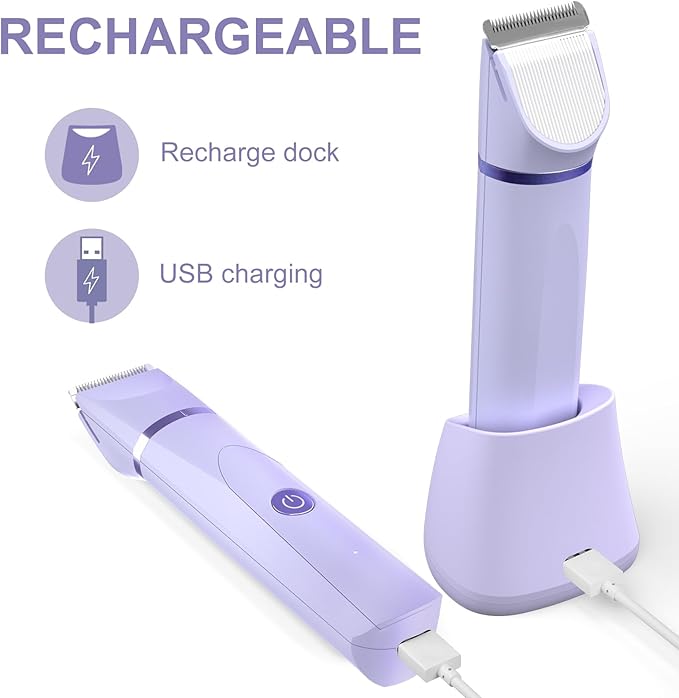 OLOV Electric Body Hair Trimmer - Groin Trimmer for Men - Bikini Trimmer Women - Wet/Dry Shaver Groomer Replaceable Ceramic Blade Heads USB Recharge Dock Waterproof Hygiene RazorPurple