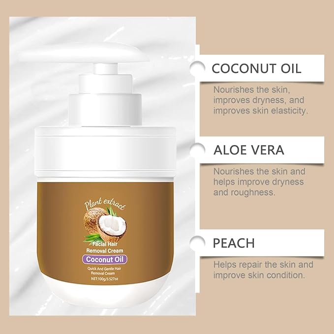 Coconut Oil Facial Hair Removal Cream - Effective Quick Hairs Removers Body Hair Remover Cream With Coconut Oil Aloe and Peach for Women Men Body Sensitive Skin (2pcs)