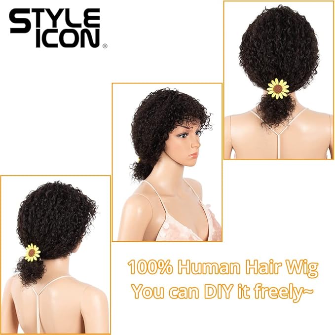 Style Icon Human Hair Afro Wigs Short Curly Wigs for Black Women Wig With Bangs (14 Inches NATURAL)