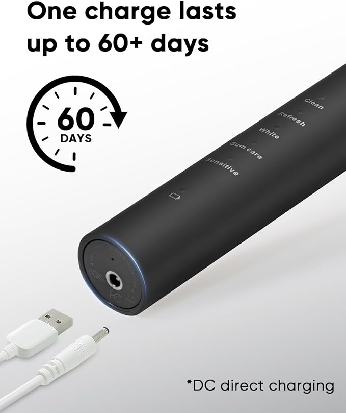 MySmile DY156 Electric Toothbrush for Adults Rechargeable Sonic Battery Toothbrush Portable with 3 Brush Heads 2 Mins 5 Modes Smart Timer 45000VPM One Charge for 60 Days ? Black