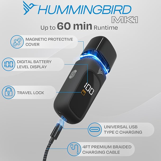 HUMMINGBIRD MK1 Compact Trimmer ? Portable Electric Beard &amp Body Hair Trimmer for Men Cordless USB-C Rechargeable Face &amp Body Groomer Travel Shaver Travel Pouch Great Gifts for Men Dad