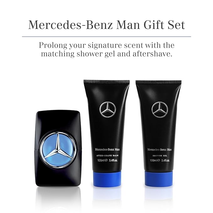 Mercedes Benz Man Gift Set - Iconic Fragrance with 3.4 Oz EDT Spray Shower Gel Aftershave for Men - Long Lasting Aromatic Woody Fruity Mens Cologne - 3 pc