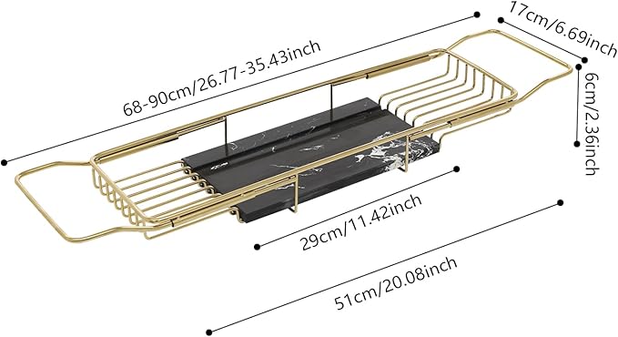 Expandable Bathtub Tray Caddy for Bath Relaxing Bath Table Tub Tray Adjusts from 26.77-35.43 in Ideal for Housewarming Multifunctional Bathtub Bathroom Organizer (Gold + Black)