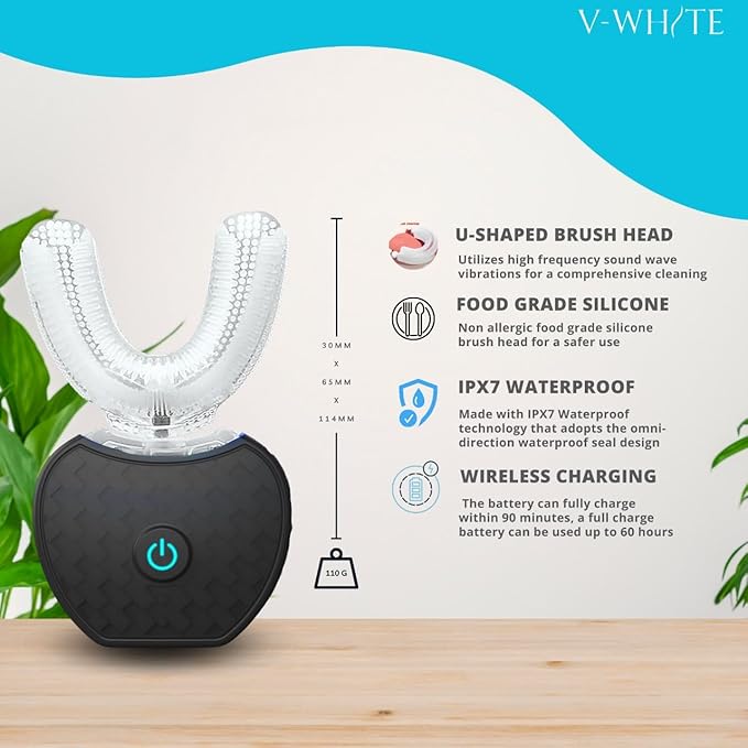 V-WHITE Ultrasonic U-Shaped Toothbrush for Teeth Whitening Electric Toothbrush For Adults - 360° Mouth Cleansing Hands Free Gums Protection - Wireless Charging &amp LED Light -Waterproof IPX7 Certi