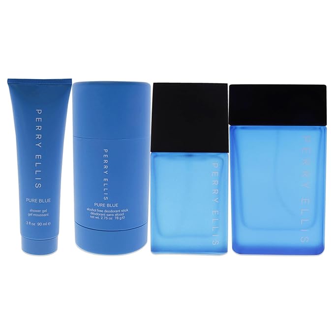 Perry Ellis Perry Ellis Pure Blue Men 3.4oz EDT Spray 3oz Shower Gel 2.75oz Deodorant Stick 7.5ml Travel EDT Spray 4 Pc Set