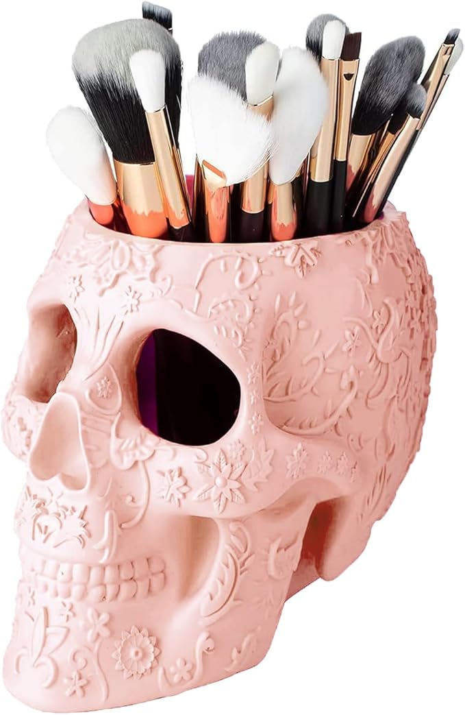 Skull Makeup Brush Holder Pen Holder Vanity Desk Office Organizer Stationary Decor Planter Candy Bowl Goth Decorations Extra Large Skulls Gothic Skull &amp Bones Organizer Bathroom (Cloud P