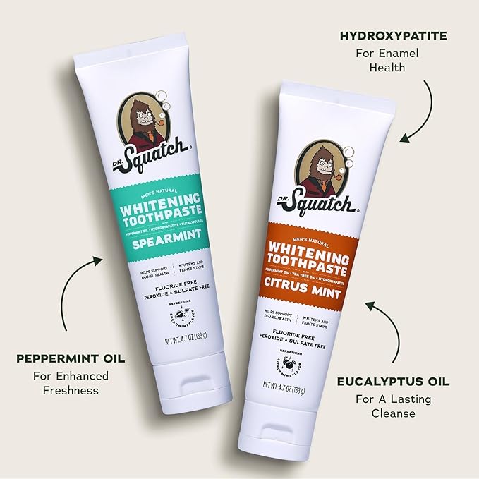 Dr. Squatch Natural Teeth Whitening Toothpaste Kit - Day and Night Flouride Free Natural Toothpaste - Citrus Mint Spearmint (4.7 oz 2-Pack)