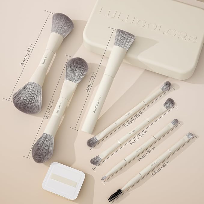 LULUCOLORS-Dual-Ended Makeup Brush Set with Sponge &amp Travel Case-13 Kinds of Multi-Functional Brushes for Face &amp Eyes ? Soft Bristles Easy Travel Brush Set (Cream White)