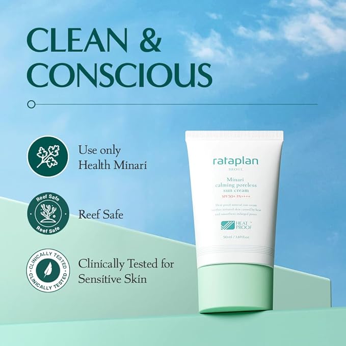 Rataplan Minari Calming Poreless Sun Cream SPF 50+ PA++++ (2 Pack)- Mineral Sunscreen Korean Sunscreen for Oily Skin Pore Minimizer for Face Reef Safe Korean Skincare
