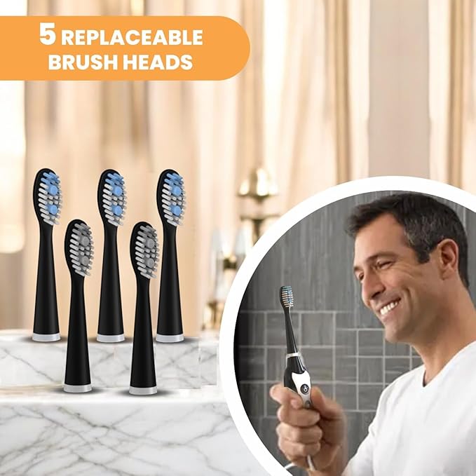Sonic Electric Toothbrush for Adults with 5 Toothbrush Replacement Heads 3 Brushing Modes &amp 2 Minutes Built-in Timer Travel Toothbrushes with Inductive Charging Rechargeable toothbrush | Black