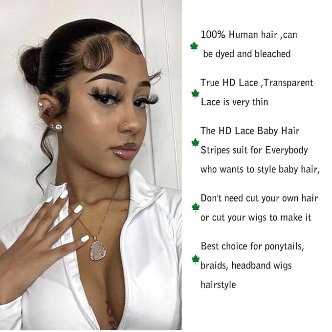 HD Lace Baby Hair for Edges Only Transparent Lace Fluff Hair Strips Brazilian Virgin Human Hair Edges Curly Reusable Meadow Hair 4 Pcs