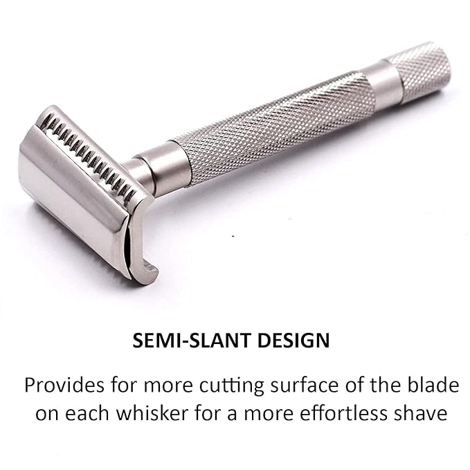 Parker Semi-Slant Safety Razor ? Satin Chrome Finish | Smooth Efficient Double Edge Wet Shaver for Men | Slanted Cutting Action + 5 Platinum Blades Included | Iconic Brand