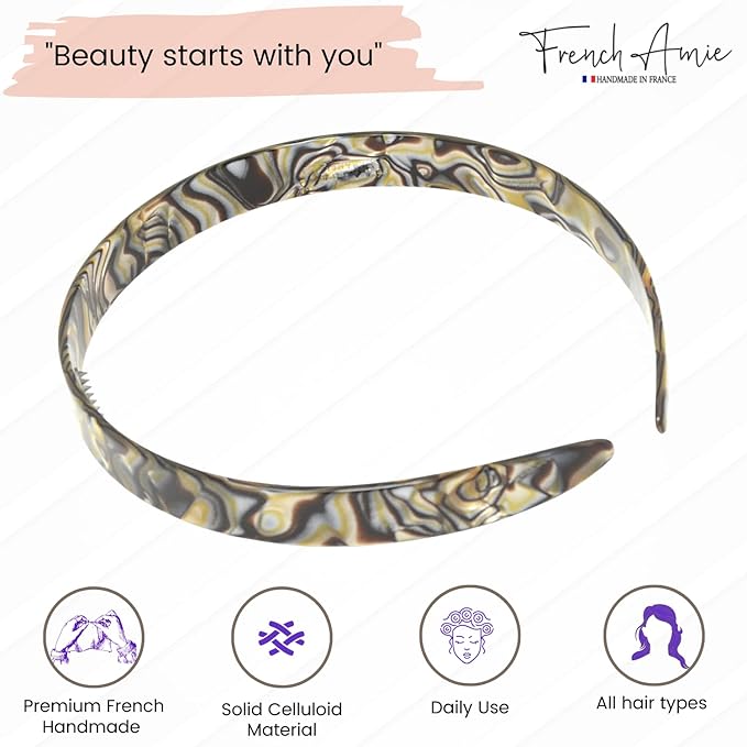 French Amie Wide 1/2 Celluloid Handmade French Hair Head bands Fashion Headbands for Women Very Flexible Strong Hold Grip Headbands Non Slip Durable Styling Girls Paris Women's Hair Accessories Made