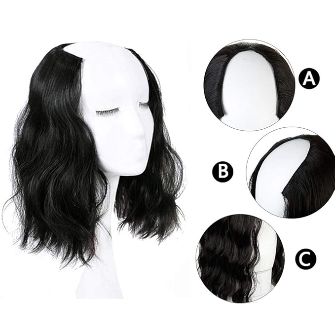 12 Natural Black Wavy U-Shape Part Half Wig One Piece Clip in Hair Extensions Clip in Hairpiece for Women Natural Looking