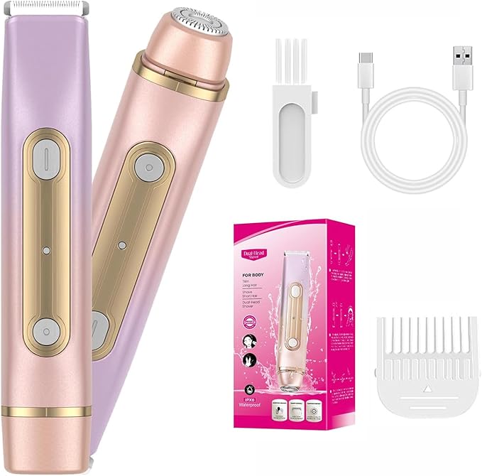 2 in 1 Bikini Trimmer for Women Dual Head Electric Razor IPX7 Waterproof Wet/Dry Use Women Electric Shaver Body Facial Hair Remover for Bikini Legs Arm Underarm Rechargeable