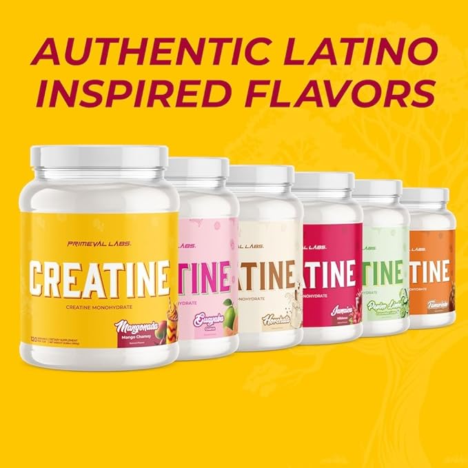 Primeval Labs Clean Creatine Monohydrate Powder | Flavored Powder for Muscle Strength &amp Recovery | Latin Aqua Fresca Flavors | Workout Supplement for Men &amp Women | 120 Servings | Mangonada
