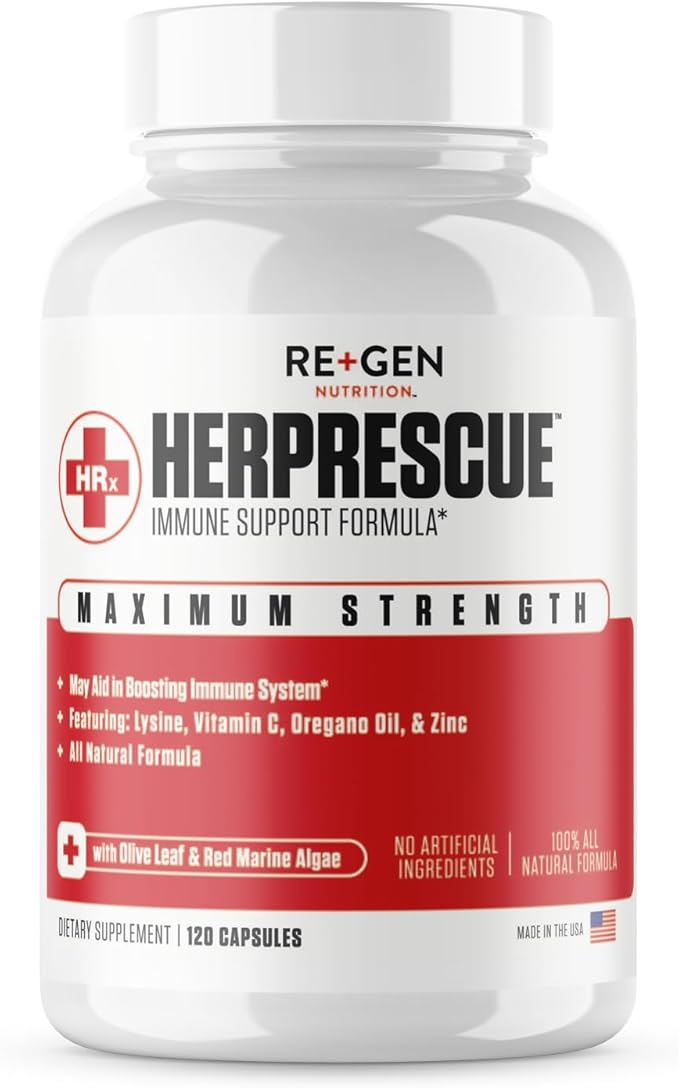 Re+Gen Nutrition HERPRESCUE Outbreak Support Supplement Cold Sore Care for Adults Natural Capsules w/Zinc Vitamin C &amp L lysine Amino Acid for Immune Health 120 Capsules