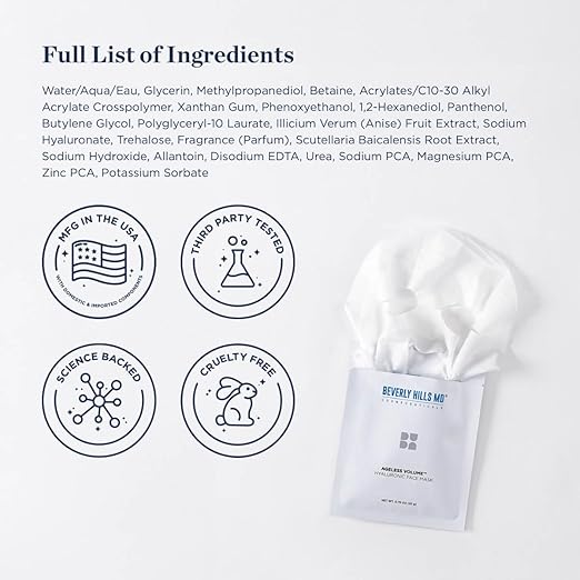 Beverly Hills MD Ageless Volume Hyaluronic Face Mask- Reduce Appearance of Wrinkles Anti Aging Formula for Plump Moisturized Skin- 8 Pack- Hydrating &amp Firming Gentle Sheet Mask