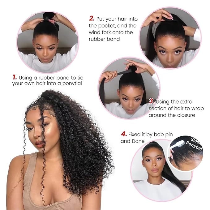 Curly Human Hair Strap Ponytail Extensions 100% Unprocessed Brazilian Hair Wrap Around Ponytails Magic Paste with Comb Clip in Kinky Curly Pony Tail (28 Curly Hair)