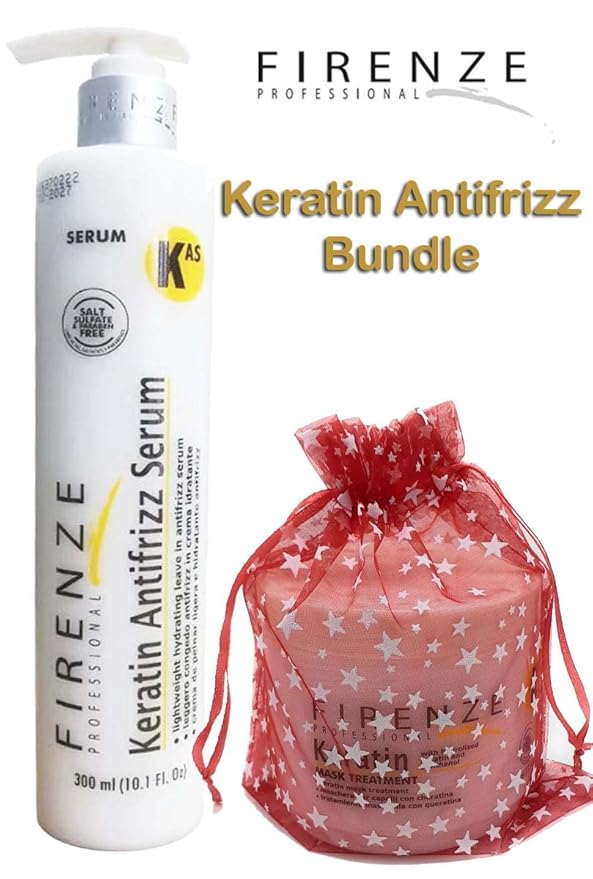 Firenze Professional Hair Care Bundle - Keratin Antifrizz Leave-in Serum and Keratin Mask Treatment Pack with Free Red Gift Bag 3.37 Fl Oz (Pack of 3)