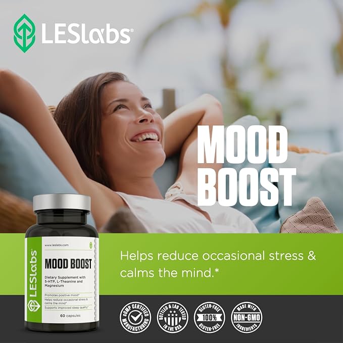 LES Labs Mood Boost ? Stress Relief Mood Support Deep Relaxation &amp Better Sleep ? 5-HTP Ashwagandha Rhodiola Rosea Magnesium L-Theanine &amp GABA ? Non-GMO Supplement ? 60 Capsules
