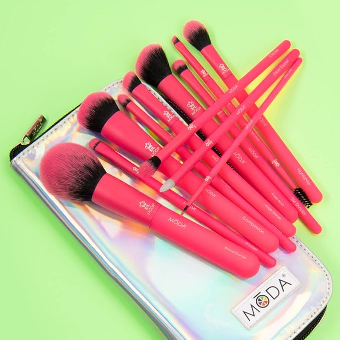 MODA Totally Electric Neon Full Face Makeup Brush Kit ? 13pc Vibrant Brush Set for Face &amp Eyes with Zip Case (Neon Pink)