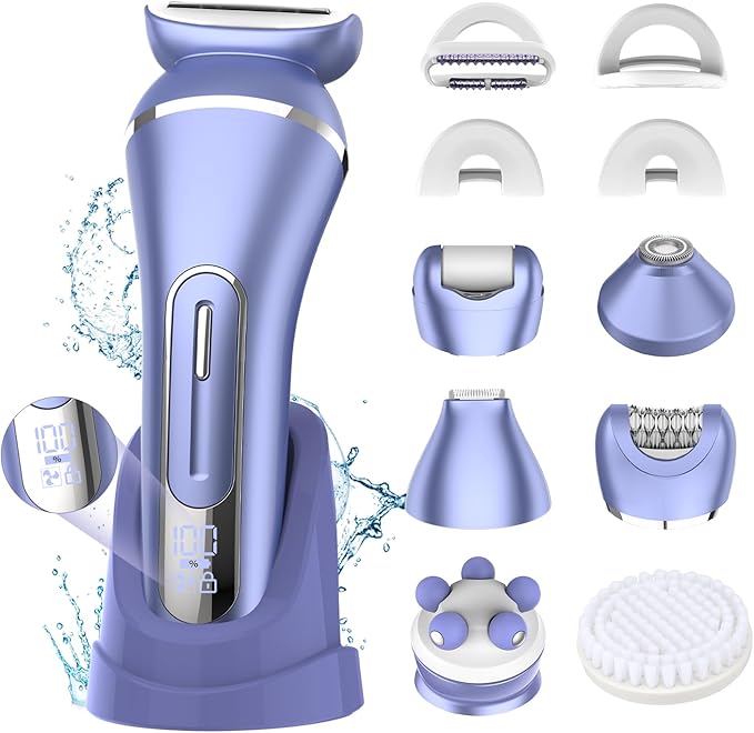 Electric Shavers for Women 7 in 1 Hair Removal Kit with Epilator Bikini Trimmer Face Razor Body Brush Face Massager Foot Callus Remover IPX7 Waterproof Lady Razors Set for Legs Armpit Bikini Pubic