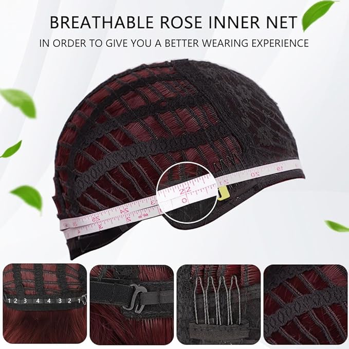 AISI HAIR Synthetic Wavy Curly Bob Wig with Bangs Brown Mix Wine Red Short Hair for Women Synthetic Heat Resistant Bob Wigs