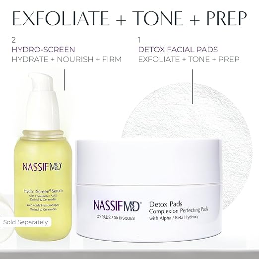 NassifMD Exfoliating Detox Pads | Surgeon-Created AHA/BHA Facial Pads for Deep Cleansing Smoother Texture &amp Glowing Skin | Reduces Pores Firms Brightens
