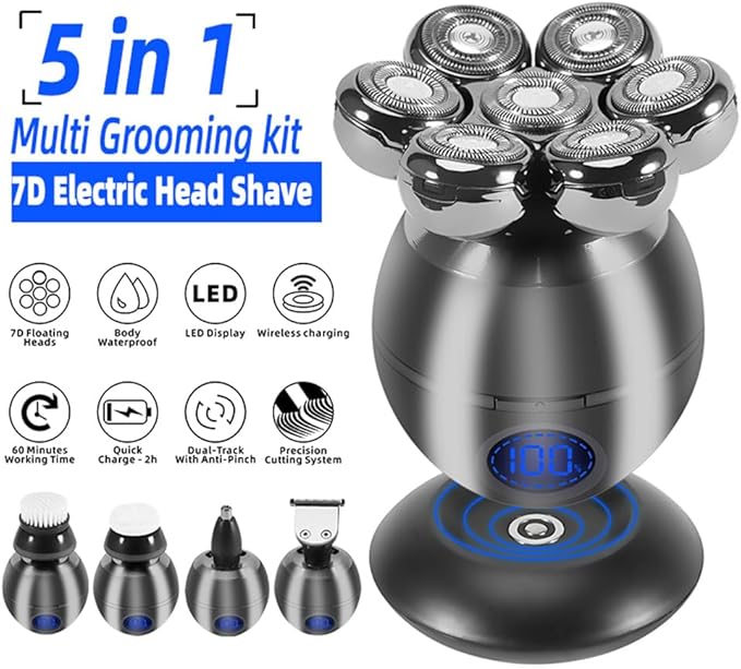 7D USB Rechargeable Electric Shaver for Men - 5 in 1 Waterproof with LCD Display Bald Head Shaver Wet Dry Razor (Grey)