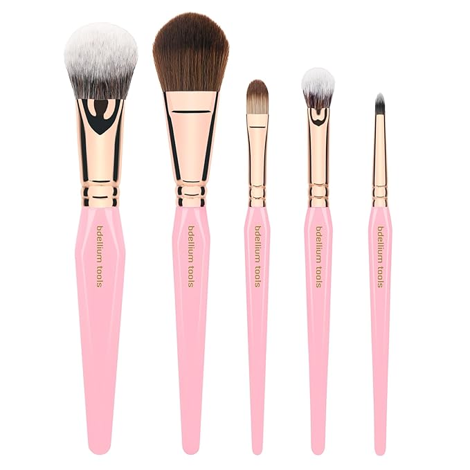 Bdellium Tools Pink Golden Triangle Face &amp Eyes Makeup Brush Set - Well-balanced Brush Set with Soft Synthetic Bristles and Rose Gold Brass Ferrule for a Variety of Looks (Pink 5 pcs)