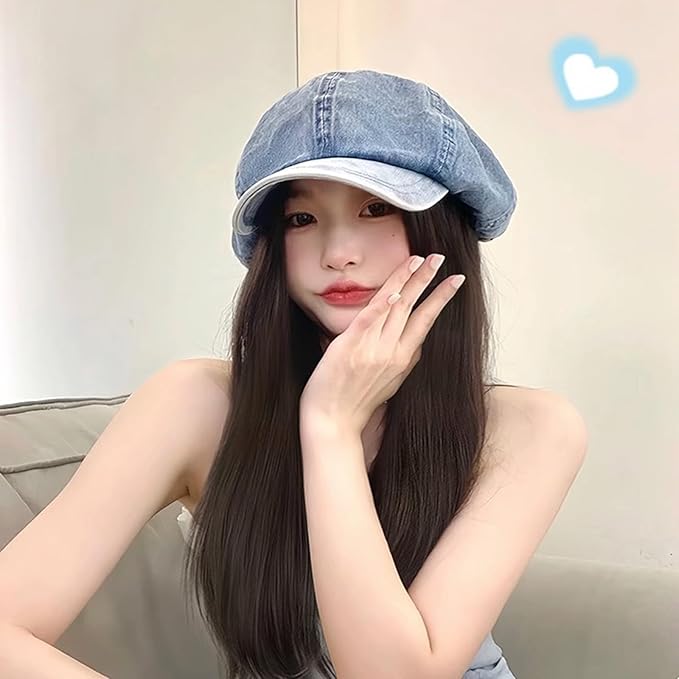 Women's Wig hat Wig Denim Beret Wig Straight Hair Baseball Cap Wig for Girl Christmas Halloween Daily Party Use Cool Brown 1
