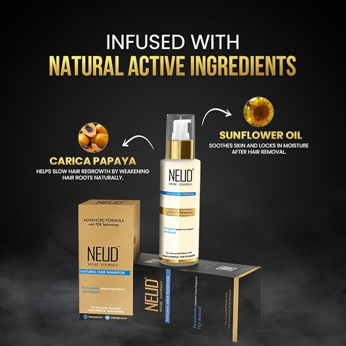 NEUD Natural Hair Inhibitor for Permanent Reduction of Unwanted Body &amp Facial Hair in Men &amp Women - Pack of 1