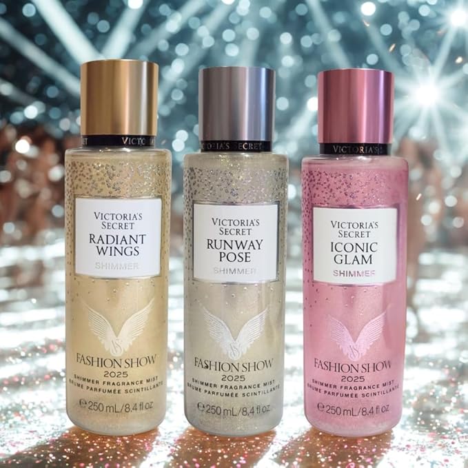 Victoria's Secret FASHION SHOW 2025 Radiant Wings Runway Pose &amp Iconic Glam Shimmer Fragrance Mist Collection 3pc Limited Edition Gift Set with 30-Inch Metallic Gold &amp Silver Striped Ribbon B