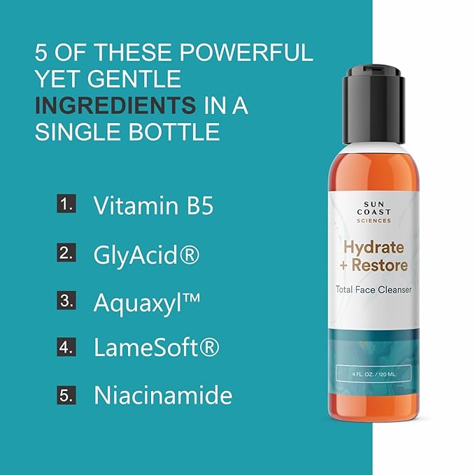 SUN COAST SCIENCES - Hydrate + Restore Total Face Cleanser Vitamina B Hydrating Facial Cleanser With Niacinamide for All Skin Types - 4 fl oz