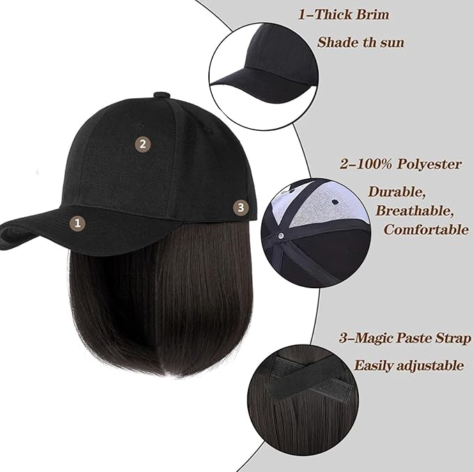 10 Black Baseball Cap with Hair Extensions Short Bob Hairstyle Adjustable Hat Wig Attached Synthetic Hairpiece for Women Daily Use Black Brown Hair